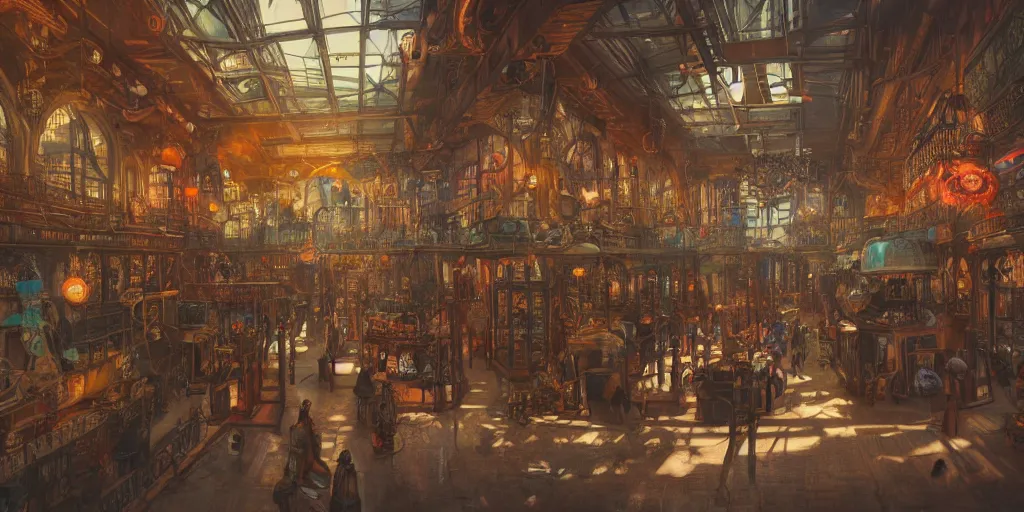 Prompt: steampunk mall interior, colorful, 3 d scene, render, greg rutkowski, zabrocki, karlkka, jayison devadas, trending on artstation, 8 k, ultra wide angle, zenith view, pincushion lens effect