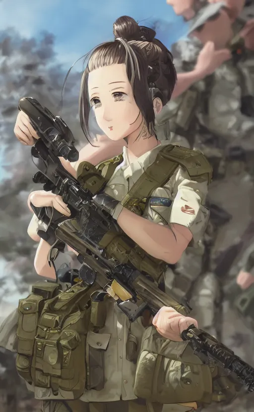 Prompt: portrait of a female soldier, highly detailed, high resolution, military camp in the background, genshin impact visual style, illustration, stunning, girls frontline style, bokeh soft, matte, 100mm, by professional photographer, hayao miyazaki, ilya kuvshinov, realistic human anatomy, realistic military carrier, modern warfare, realistic weapon, shot with a arriflex 35 ii, low saturation, small eyes, thick artline