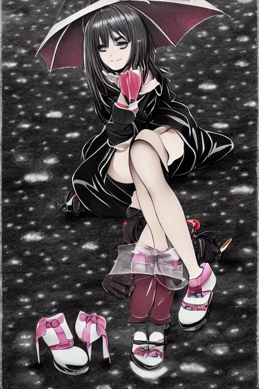 Image similar to A stern girl in Japanese maid's clothes and long stockings sits on the wet pavement in a parking lot in the rain at night. Dark anime drawing in gothic style.