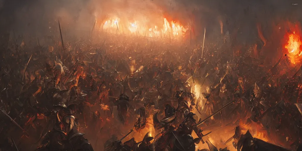 Image similar to a painting of a medieval knights fighting with swords at midnight surrounded by a medieval battle with fire by greg rutkowski, dark fantasy art, high detail, trending on artstation