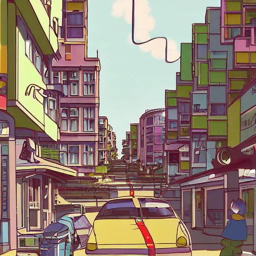 Image similar to city street, sloped street, city on tall hillside, street scene, colorful buildings, cel - shading, 2 0 0 1 anime, flcl, jet set radio future, golden hour, japanese town, concentrated buildings, japanese neighborhood, electrical wires, cel - shaded, strong shadows, vivid hues, y 2 k aesthetic