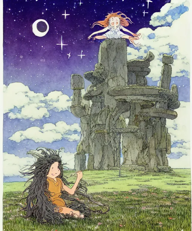 Image similar to a hyperrealist studio ghibli watercolor fantasy concept art. in the foreground is a giant long haired grey octopus sitting in lotus position on top of stonehenge with shooting stars all over the sky in the background. by rebecca guay, michael kaluta, charles vess