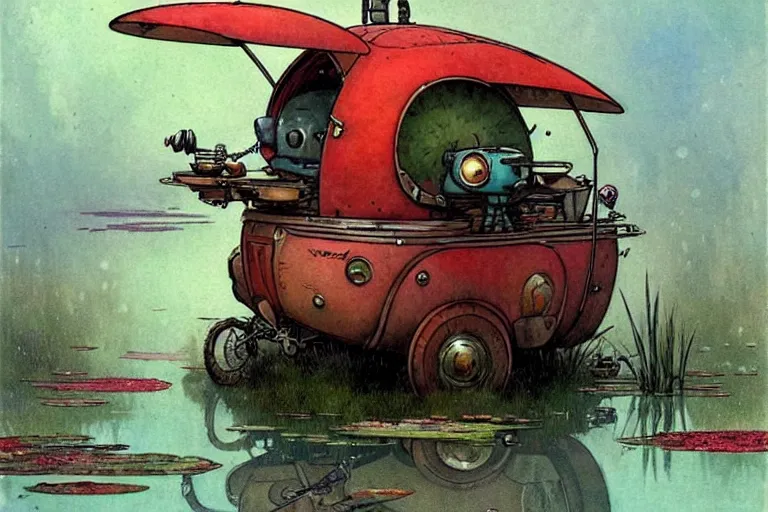 Prompt: adventurer ( ( ( ( ( 1 9 5 0 s retro future robot mouse wagon vehical home. muted colors. swamp. water lilies ) ) ) ) ) by jean baptiste monge!!!!!!!!!!!!!!!!!!!!!!!!! chrome red