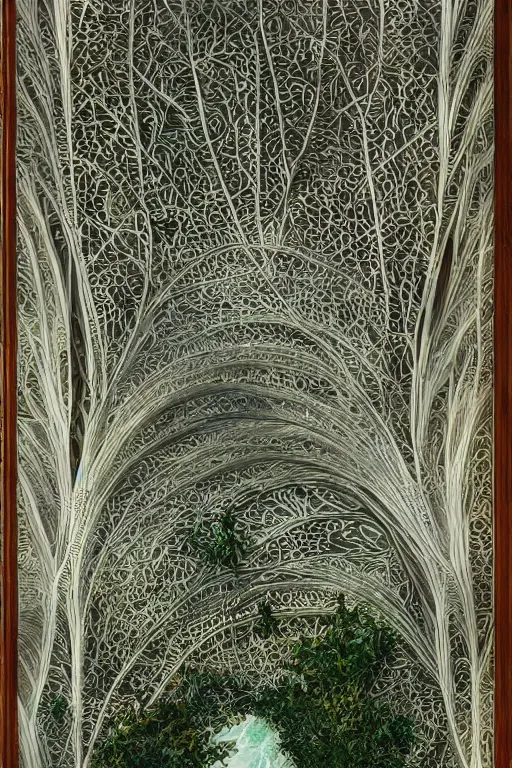 Image similar to a gorgeous painting by Viktor Hartmann of a great palace in the style of zaha hadit made from porcellain, beautiful natural soft rim light, roots, fine foliage lace, ernst haeckel, parametric architecture, parametric design, bioart, futuristic, adorned with all kind of plants, utopian, chitin, visceral, art nouveau , intricate details, satin silver beautiful gold metal details, mesh wire, neri oxman, cable wires, elegant, hyper realistic, quantum computer, ultra detailed, octane render, silicon and carbon, volumetric lighting, 8k post-production, hr giger style