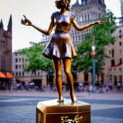 Prompt: a bronze sculpture of taylor swift in the middle of the town square with a pigeon standing on top of it, golden hour, street photography