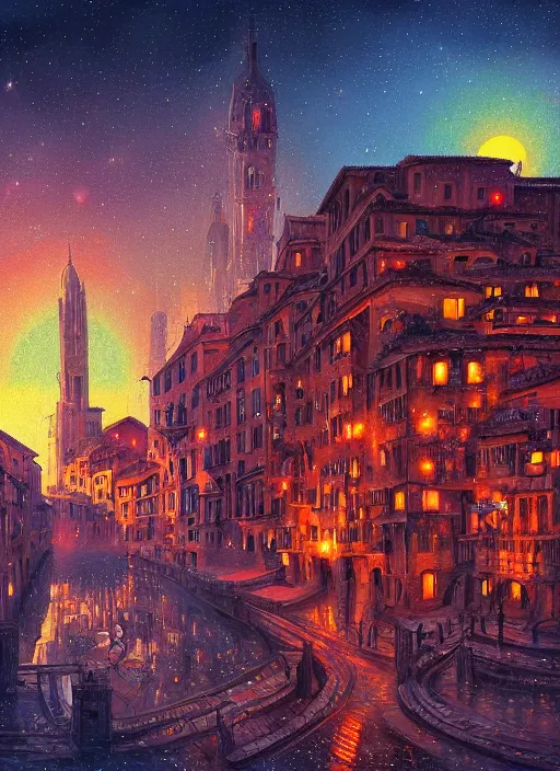 Image similar to ethereal starlit city of magic lost in time at sunset, italian futurism, da vinci, hd, digital painting