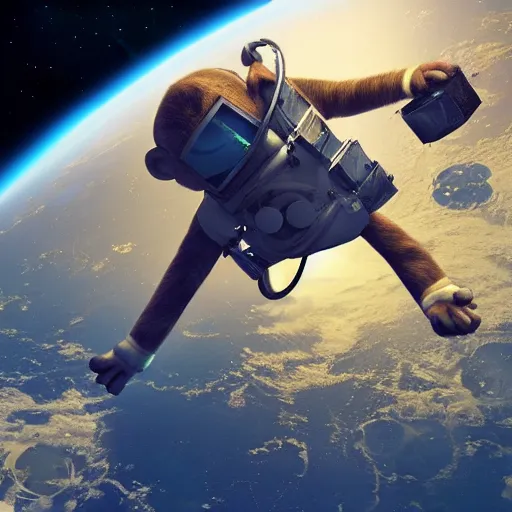 Prompt: a monkey astronaut repairing a satellite in space, hyperrealistic, cinematic, artstation