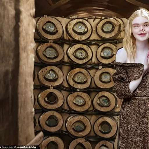 Prompt: Elle Fanning emerges from a barrel filled with olives in oil