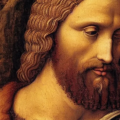 Prompt: An old renaissance painting of Gigachad Jesus by Leonardo da Vinci.