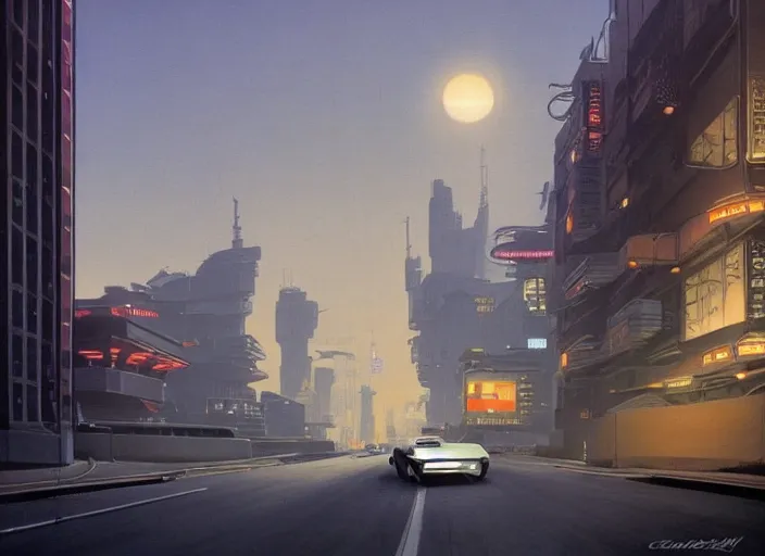 Image similar to a car driving down a street next to tall robot the night, cyberpunk art by Chesley Bonestell, cgsociety, retrofuturism, matte painting, reimagined by industrial light and magic