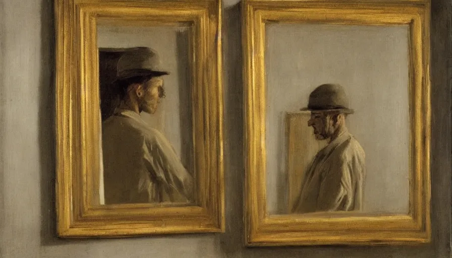 Prompt: painting by borremans, sketched man in front of the mirror, detailed, stunning