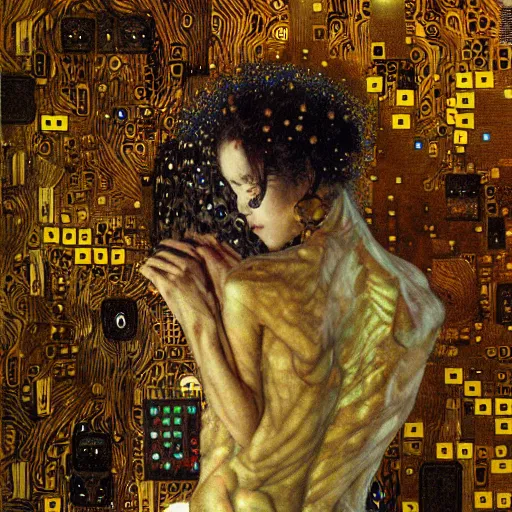 Prompt: cybernetic demon sleeping in circuitry, intricate detail, klimt, royo, whealan,