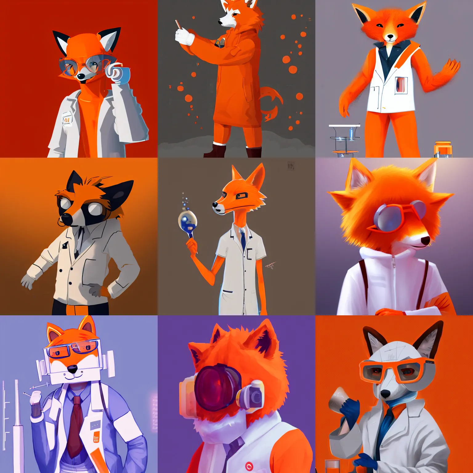 Prompt: a orange scientist fox fursona wearing a white work uniform doing chemical experiments in his labor trending on artstation by kawacy furry art digital art cyberpunk high quality