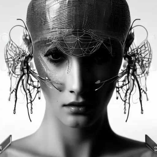 Image similar to closeup portrait of an absurdly beautiful, graceful, sophisticated, fashionable cyberpunk mechanoid gravure idol, an ultrafine hyperdetailed illustration by irakli nadar, matt wisniewski style, fashion photography, intricate linework, porcelain skin, jellyfish headdress, unreal engine 5 highly rendered, global illumination, radiant light, detailed and intricate environment