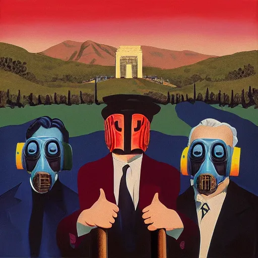 Image similar to painting of hollywood babylon, twin peaks, blue velvet, mulholland drive, gas mask, by paula rego, by magritte