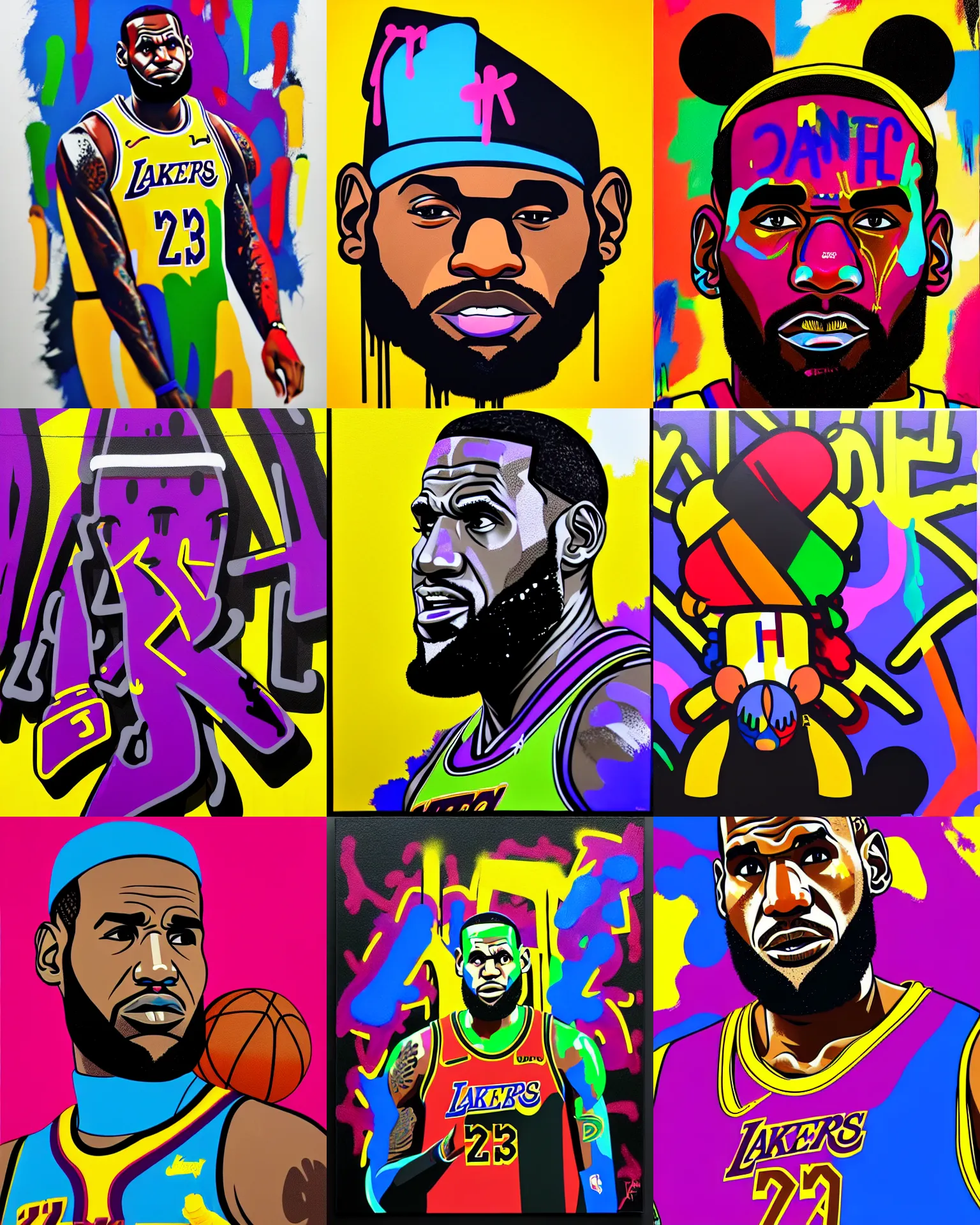 Prompt: lebron james, drip painting, graffiti, highly detailed, simple, no jagged lines, smooth, artstation, centered artwork by kaws