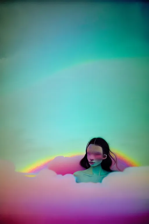 Image similar to high quality pastel coloured film close up wide angle photograph of a model wearing clothing swimming on cloud furniture in a icelandic black rock!! environment in a partially haze filled dreamstate world. three point light, rainbow. photographic production. art directed. pastel colours. volumetric clouds. pastel gradient overlay. waves glitch artefacts. extreme facial clarity. 8 k. filmic.