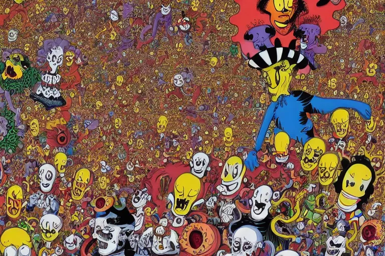 Prompt: endless crowd of clowns by rotella mimmo, kenny scharf, jacek yerka, peter bagge, simon bisley, artur bordalo, judy chicago, geof darrow