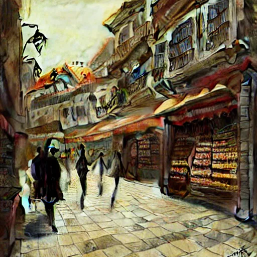 Prompt: a convenience store of portugal lisbon on the street of a very highly detailed logital matte painting art by Greg Rutkowski, highly logical and striking detailed architecture by alphonse mucha, scene gardening by alphonse mucha