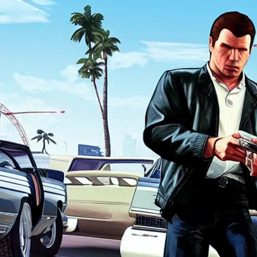 Prompt: grand theft auto gameplay with John travolta