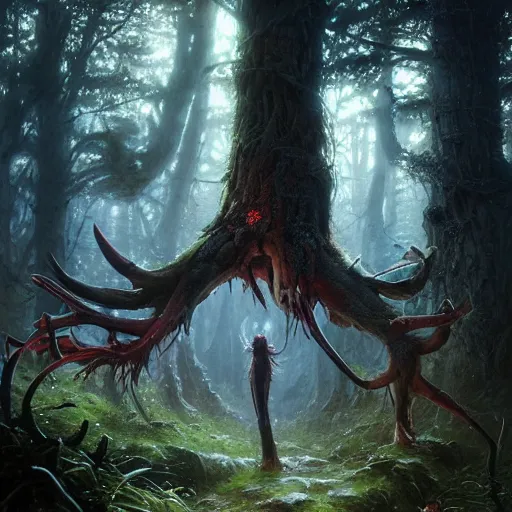 Image similar to highly detailed creepy forest creature with antlers, stephen bliss, unreal engine, fantasy art by greg rutkowski, loish, rhads, ferdinand knab, makoto shinkai and lois van baarle, ilya kuvshinov, rossdraws, tom bagshaw, global illumination, radiant light, detailed and intricate environment