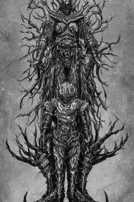 Image similar to armoured tree human figure monster, symmetrical, highly detailed, digital art, tree armour, sharp focus, trending on art station, kentaro miura manga art style