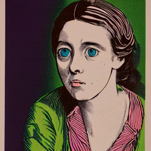 Image similar to cmyk risograph print instructive portrait of a lady 2 8 years old, with binoculars