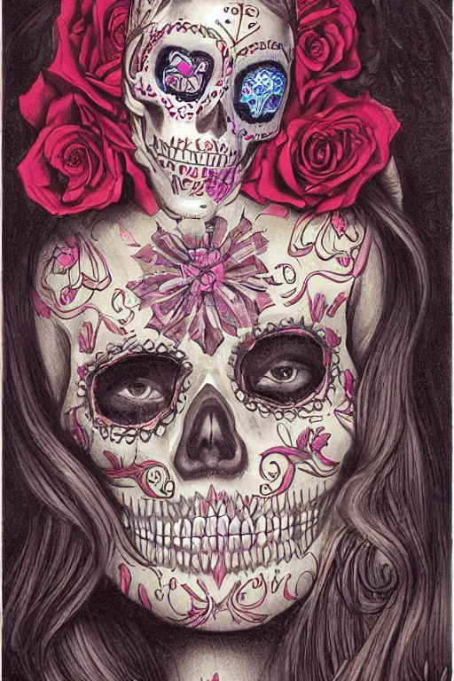 Prompt: Illustration of a sugar skull day of the dead girl, art by John Howe