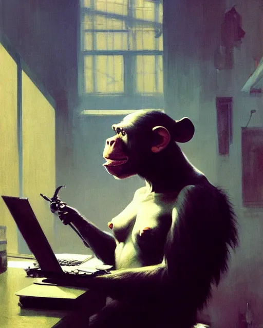 Image similar to cyberpunk chimpanzee cyborg at the computer. art by greg rutkowski, gustave courbet, rosa bonheur, edward hopper. faithfully depicted facial expression, perfect anatomy, sharp focus, global illumination, radiant light, detailed and intricate environment, trending on artstation