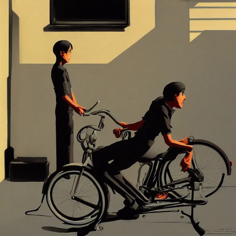 Prompt: Tatsuo on a bike from Akira by Edward Hopper, painted by James Gilleard, airbrush