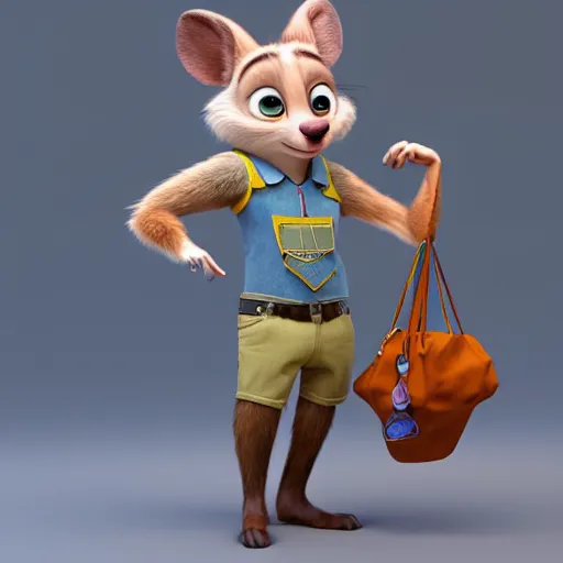 Prompt: 3 d render, portrait, mid shot, disney prince as a anthropomorphic mouse, female, blond fur, blue eyes, wearing denim short shorts, wearing a off yellow tank top shirt, solo, in the style of zootopia