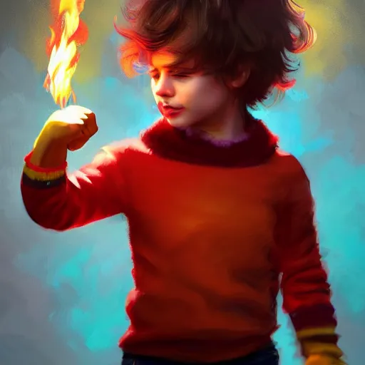 Prompt: colorful and festive captivating young child boy, brown fluffy hair, wearing red and yellow clothes, shooting a fire ball out of his fist. full body, rich vivid colors, ambient lighting, dynamic lighting, 4 k, atmospheric lighting, painted, intricate, highly detailed by charlie bowater