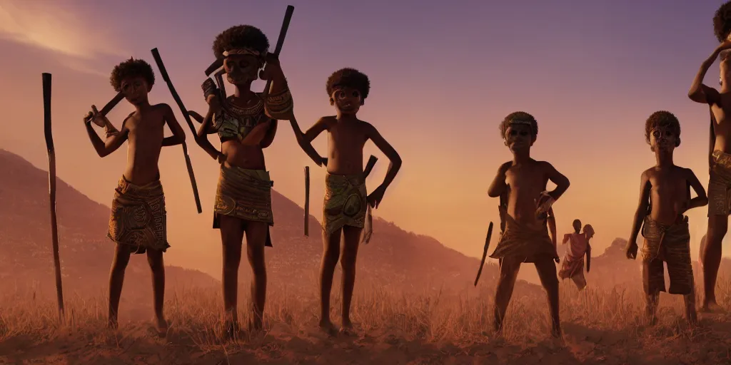 Image similar to a film still for African favela, four kids wearing African war paint tribal masks stand ready for battle, medium shot, waist up, studio Ghibli, Pixar and Disney animation, sharp, Rendered in Unreal Engine 5, anime key art by Greg Rutkowski, Bloom, heavy dramatic sunset lighting