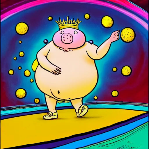 Image similar to trippy comic art of a obese pig wearing a gold crown throwing tan paper balls into the air, drawn by Martin Rowson, Tim Burton, Studio Ghibli, Alex Pardee, Nekro Petros Afshar, James McDermott, colors by lisa frank, unstirred paint, vivid color, cgsociety 4K