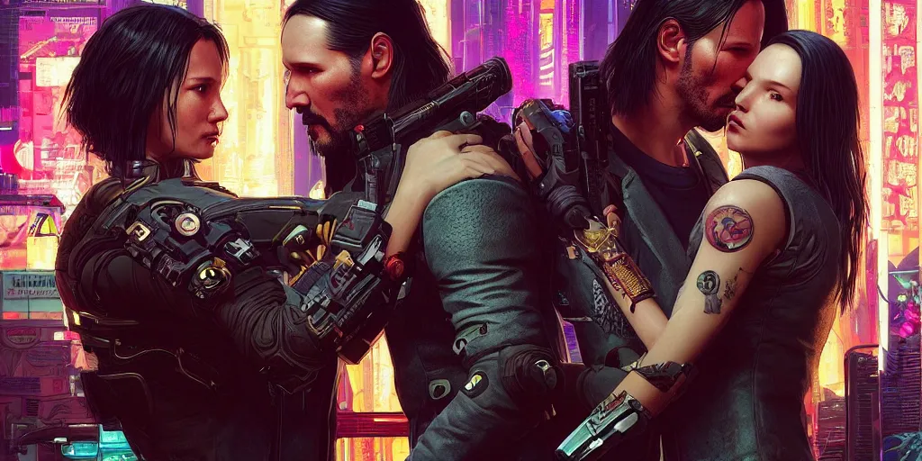 Image similar to a cyberpunk 2077 srcreenshot couple portrait of Keanu Reeves and a female android final kissed in night city,love,film lighting,by Lawrence Alma-Tadema,Andrei Riabovitchev,Laurie Greasley,Dan Mumford,John Wick,Speed,Replicas,artstation,deviantart,FAN ART,full of color,Digital painting,face enhance,highly detailed,8K,octane,golden ratio,cinematic lighting