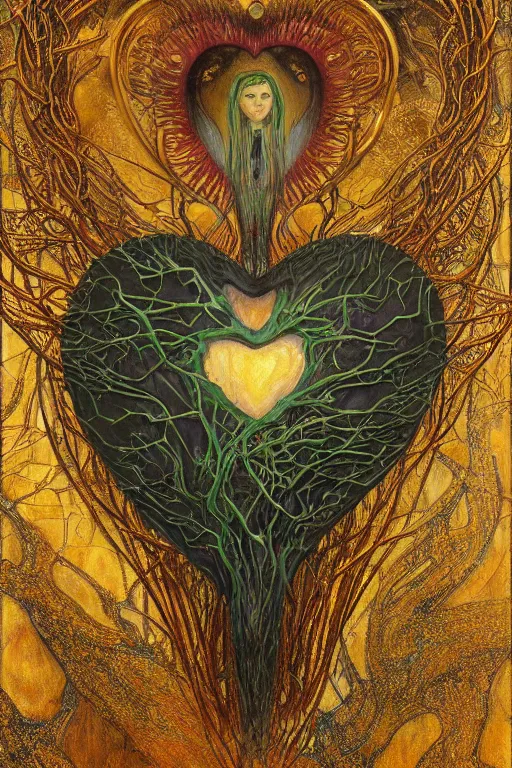 Prompt: Heart of Thorns by Karol Bak, Jean Deville, Gustav Klimt, and Vincent Van Gogh, anatomical heart, anatomically-correct sacred heart, Surreality, otherworldly, infernal enigma, Helliquary, fractal structures, celestial, arcane, ornate gilded medieval icon, third eye, spirals, dramatic sharp thorns, rich deep moody colors