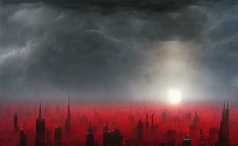 Image similar to an digital art of fire red alert storm that destroys dark souls like new york city with eclipse in style of zdislaw beksinski