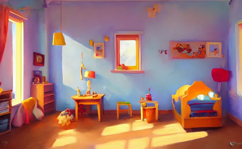 Image similar to happy morning and the rays of the morning sun shining through the window of kid's room in the village house clear sky, warm colors, coherent shadows, one point lighting, happy mood, oil painting, high detail, trending on artstation