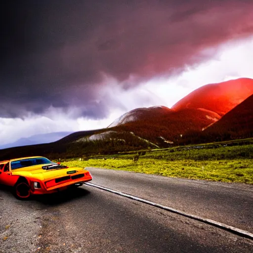 Image similar to black pontiac firebird trans - am driving towards the camera, zerglings running towards the car, norway mountains, valley, lake, dynamic, cinematic, motionblur, volumetric lighting, wide shot, low angle, red glow in sky, large lightning storm