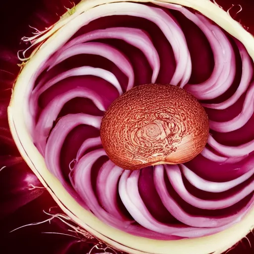 Prompt: The universe evolving causally depicted as layers on an onion