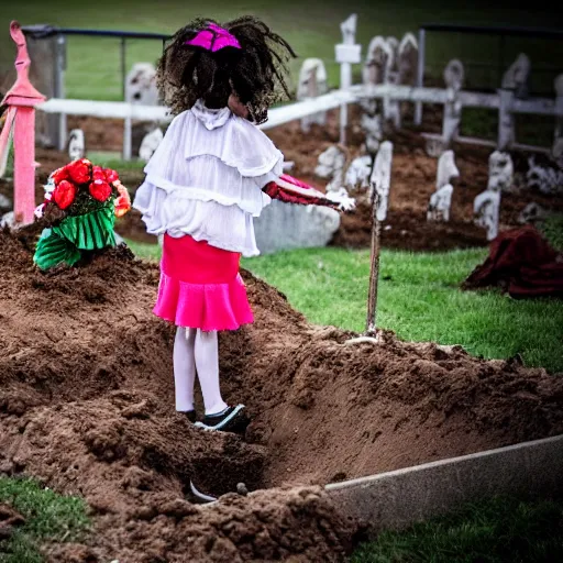 Prompt: A girl digs a grave to bury a creepy dead clown, dramatic, horror