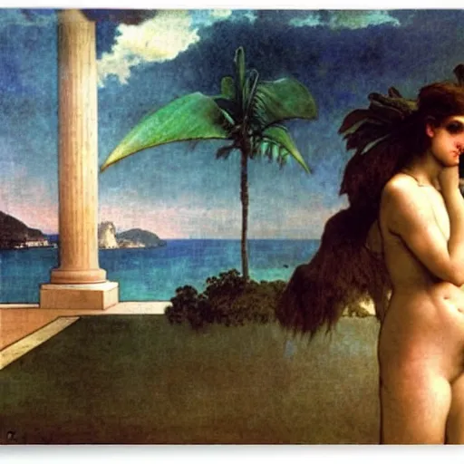 Image similar to Demon girl at the giant column, thunderstorm, greek pool, beach and palm trees on the background major arcana sky, by paul delaroche, alphonse mucha and arnold böcklin arnold böcklin hyperrealistic 8k, very detailed