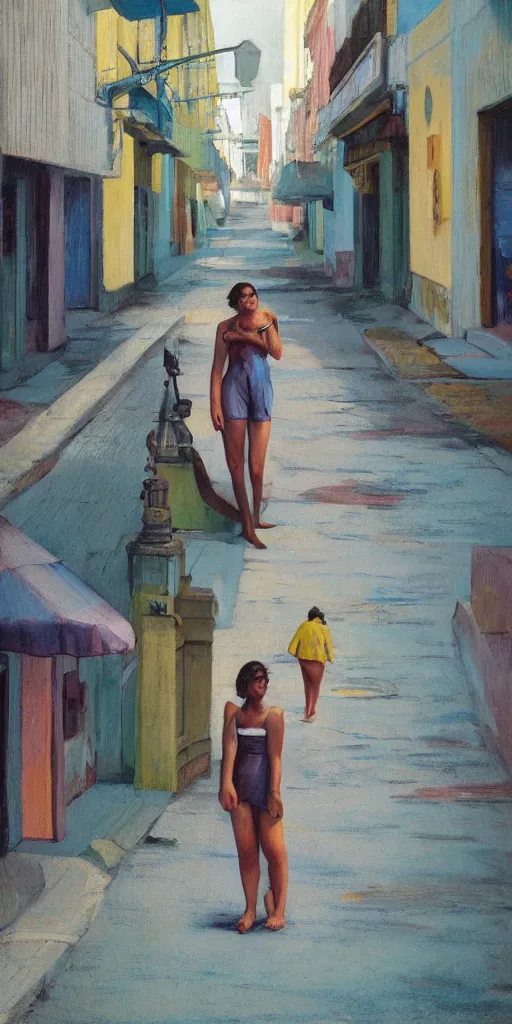 Prompt: a single person spaced - out in the deserted streets of salvador, brazil, relaxed poses, pastel colors, artwork by edward hopper, close - up, interiors, leisure activities, close medium shot, strange vegetation, futuristic, people, cinematic lighting, atmospheric, andrei tarkovski, trending on artstation