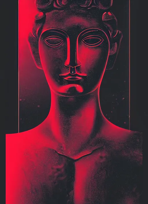 Image similar to dark design poster showing a close up of a statue of apollo, black background with very subtle red and purple design elements, powerful, nekro, vito acconci, thin straight lines, dark, glitch art, neo vaporwave, gritty, layout frame, square, trending on artstation