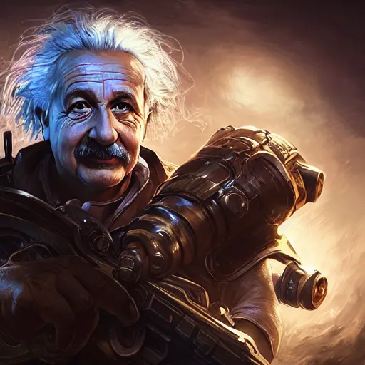 Image similar to Portrait of Albert Einstein, League of Legends amazing splashscreen artwork, Gears of War, splash art,natural light, elegant, photorealistic facial features, intricate, fantasy, detailed face, atmospheric lighting, anamorphic lens flare, cinematic lighting, league of legends splash art, hd wallpaper, ultra high details by Greg rutkowski