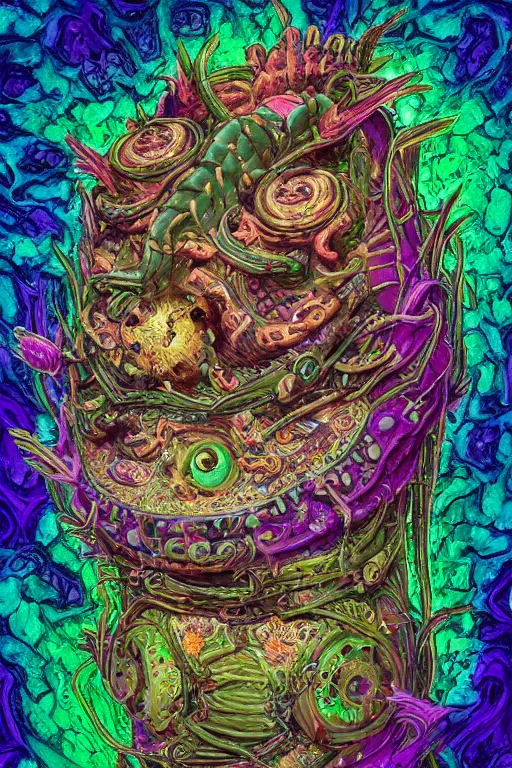 Image similar to creature sushi roots cactus elemental flush of force nature micro world fluo light deepdream a wild amazing steampunk baroque ancient alien creature, intricate detail, colorful digital painting radiating a glowing aura global illumination ray tracing