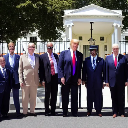 Prompt: donald trump poses with joe biden lookalikes in front of the white house as a protest, sunny day, detailed, detailed faces