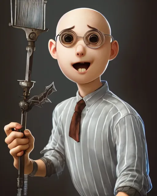 Prompt: An epic fantasy comic book style portrait painting of a charming and friendly !young man in a laboratory, very expressive, buzz cut gray hair, !!NO GLASSES, round face, wearing a shirt with !horizontal stripes, handling laboratory equipment, character design by Mark Ryden and Pixar and Hayao Miyazaki, unreal 5, DAZ, hyperrealistic, octane render, cosplay, RPG portrait, dynamic lighting, intricate detail, summer vibrancy, cinematic