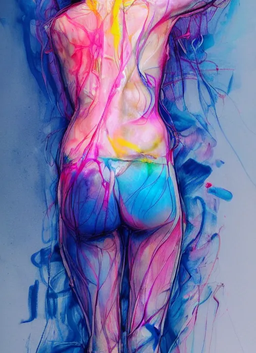 Prompt: sexy seducing smile nathalie portman in short by agnes cecile, half body portrait, 3 / 4 view from back, his back bending over, extremely luminous bright design, pastel colours, ink drips, autumn lights