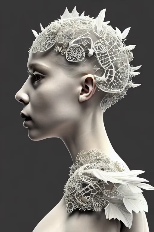 Image similar to bw 3 d render, stunning beautiful young cute biomechanical albino female cyborg with a porcelain profile face, angelic, rim light, big leaves and stems, roots, fine foliage lace, alexander mcqueen, art nouveau fashion embroidered, steampunk, silver filigree details, hexagonal mesh wire, mandelbrot fractal, elegant, artstation trending